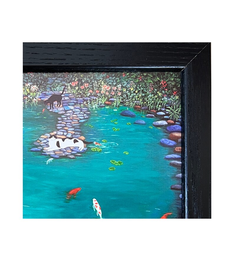 Tuxedo Cats At Koi Pond Framed Signed Print. Cat and Koi Fish Lovers Gift. Colorful Rocks And Stones. image 3