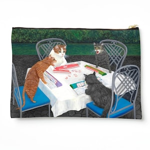 Cats Playing Mahjong Pouch. Whimsical Cats Art Purse. Gift for Cat and Mahjong Lovers. Cats In Garden Playing Mah Jong. Cat Lover's Zip Bag image 1