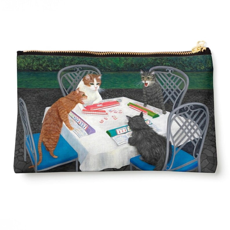 Cats Playing Mahjong Pouch. Whimsical Cats Art Purse. Gift for Cat and Mahjong Lovers. Cats In Garden Playing Mah Jong. Cat Lover's Zip Bag image 2