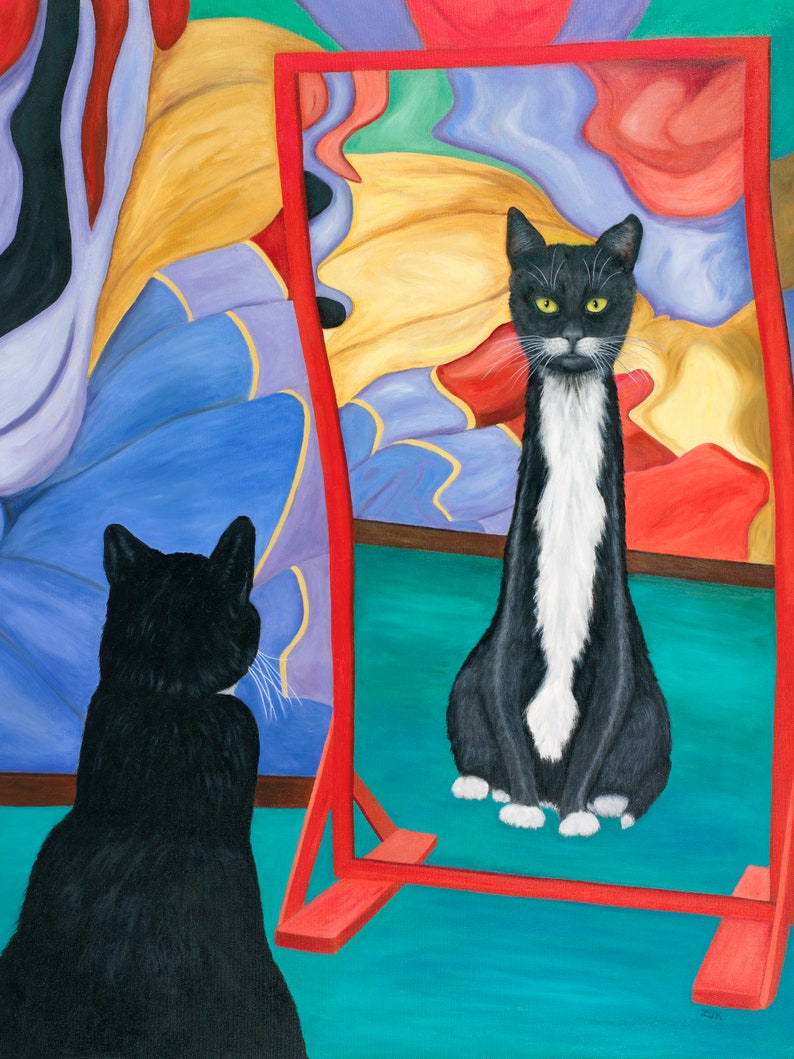 May include: A black and white cat with a long white stripe down its back sits in front of a red framed mirror. The mirror reflects a colorful abstract painting and the cat's reflection.