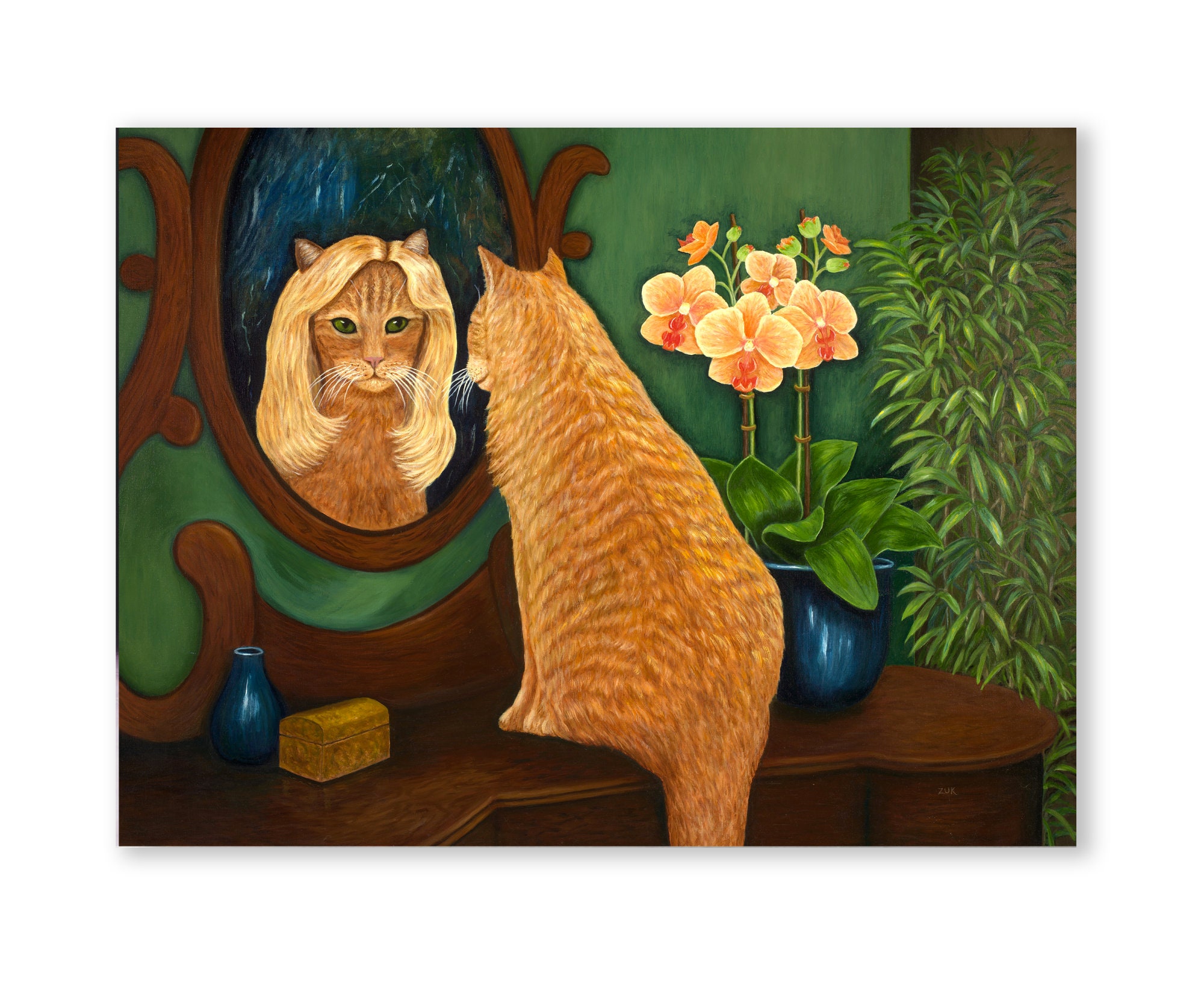 オレンジ色のぶち猫の油絵：ブロンドのかつらの反射、キャンバスに張