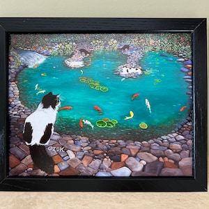 Tuxedo Cats At Koi Pond Framed Signed Print. Cat and Koi Fish Lovers Gift. Colorful Rocks And Stones. image 1