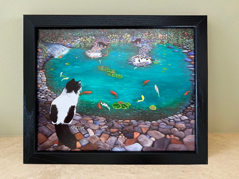 Tuxedo Cats At Koi Pond Framed Signed Print. Cat and Koi Fish Lovers Gift. Colorful Rocks And Stones. image 1