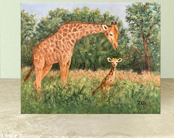 Giraffe Mom and Calf Oil Painting, Safari artwork, South Africa wildlife, Jungle Animal lovers gift.