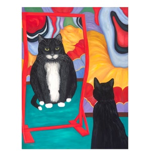 May include: A black and white cat sits in front of a red framed mirror, looking at its reflection. The mirror is reflecting a colorful, abstract background with a clown face.