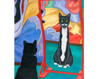 Tuxedo Cat in Fun House Mirror Print. Humorous Skinny Cat and Mirror Wall Art. Cat and Clown Face Art. Whimsical Tuxedo Cat lover's Gift.