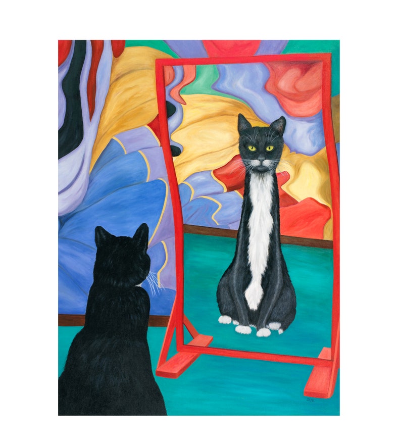 May include: A black and white cat looks into a red framed mirror, while another black cat watches from the side. The mirror reflects a colorful abstract background.