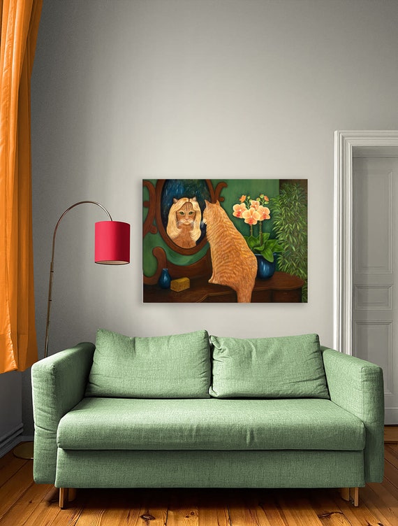オレンジ色のぶち猫の油絵：ブロンドのかつらの反射、キャンバスに張