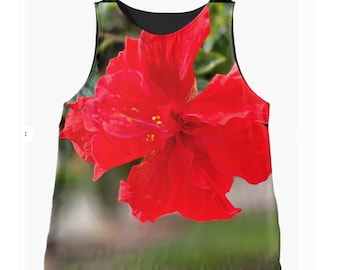 Hibiscus Star of the Garden Sleeveless Top. Deep Red Orange Flower. Bold, Colorful Statement Top.