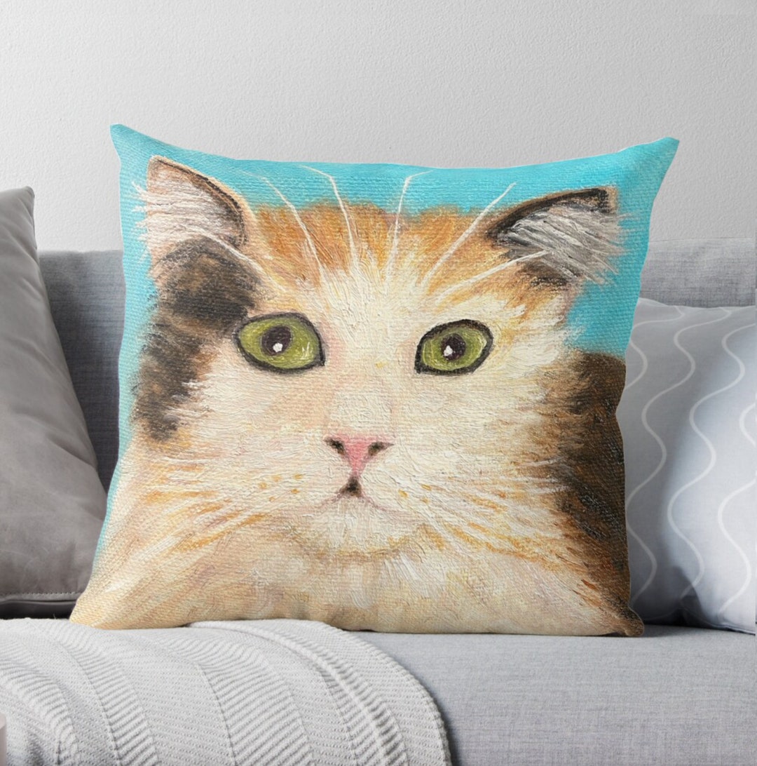 Calico Cat Pillow: Long Haired Tortie Cat Art Cushion - Etsy