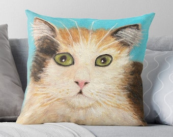 Calico Cat Pillow: Long Haired Tortie Cat Art Cushion
