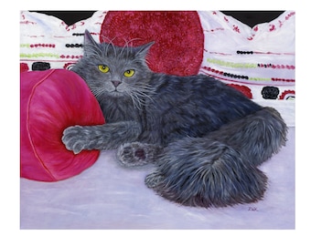 Russian Blue Cat Art Print, Rose Pillows, Gift for Cat Lovers