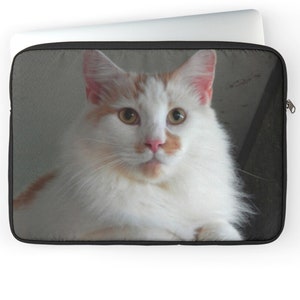 White Cat Portrait laptop sleeve. White Turkish Van Cat Close Up. Long Haired White Cat Laptop Sleeve.