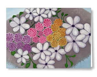 Flowers In The Clouds Greeting Card. Abstract purple, pink, white and yellow flowers burst forth from gray cloud.