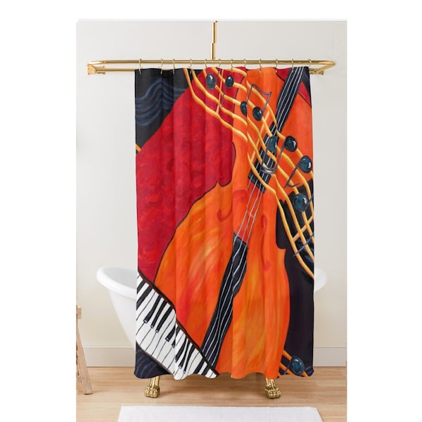 Music Theme Shower Curtain, Musician's Decor, Keyboard, cello, bass, music notes. Music Decor. Musical bathroom decor. Music Lovers Gift.