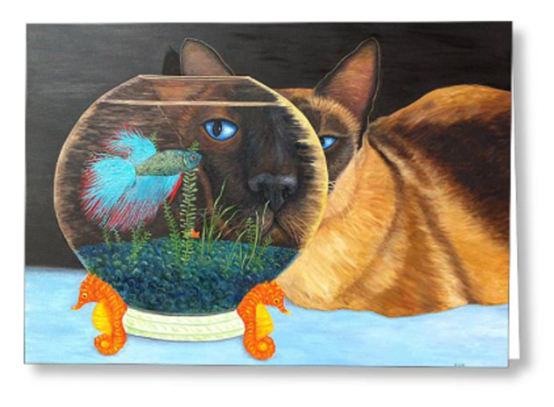 Siamesische Katze und Betta Fisch Grußkarten. Leer innen ...