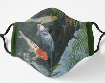 Koi fish art face mask. Colorful Koi and Waterfall. Adults and kids. Comfortable polyester. Several styles.