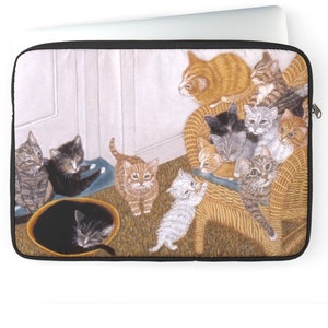 Kittens on a Wicker Chair Laptop Sleeve. White, black, tabby kittens  and calicos. Colorful and whimsical laptop sleeve.