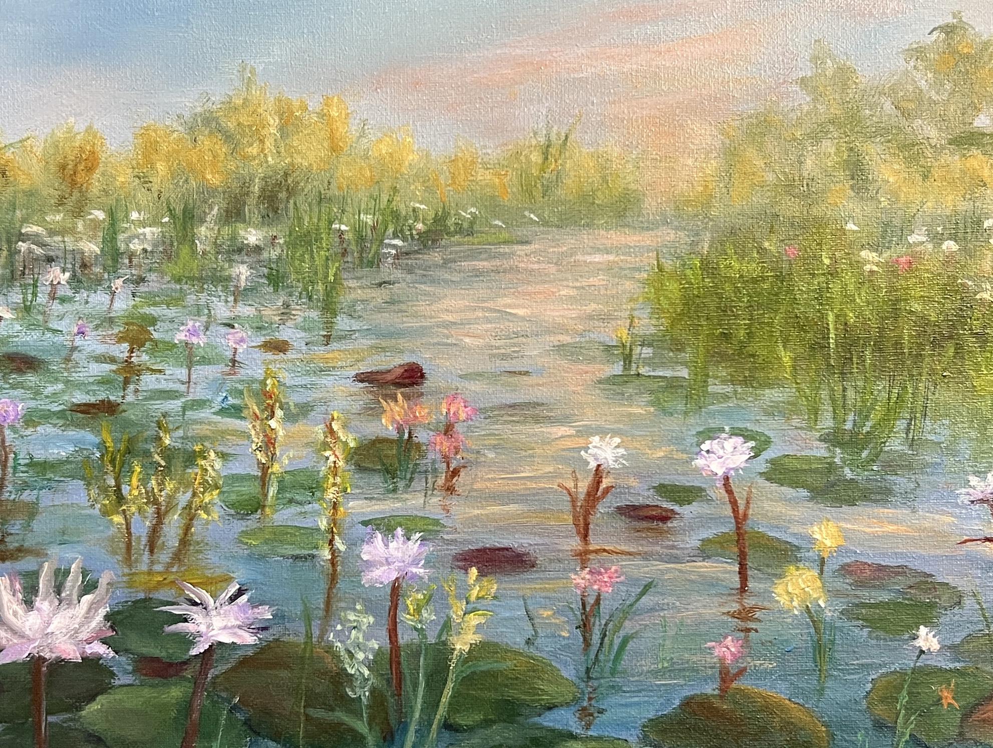 夕焼けの睡蓮 油絵：カラフルな水の反射アート、12x16インチ