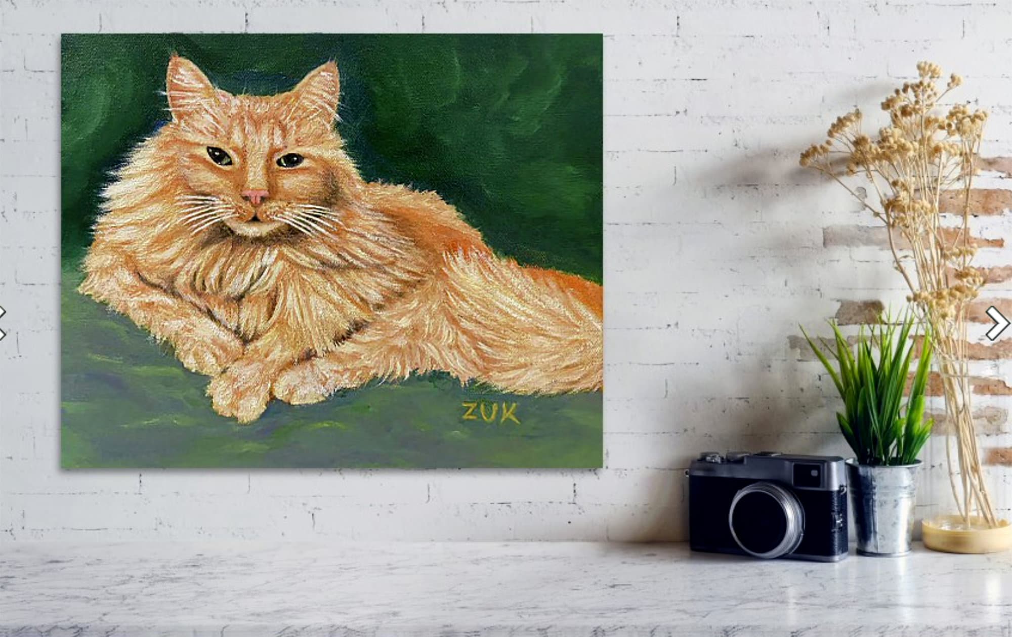 オレンジ色のぶち猫のアートプリント：長毛のオレンジ色の猫の肖像画