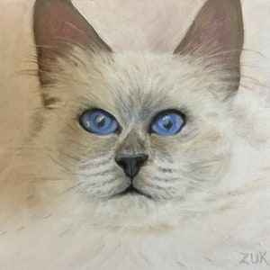 May include: A painting of a white cat with blue eyes. The cat is looking directly at the viewer. The painting is done in a realistic style.