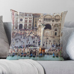 A unique pillow for Venice lovers. Cushions, Pillows. Home Decor. Travel. Image of St. marks Square in Venice, Italy.