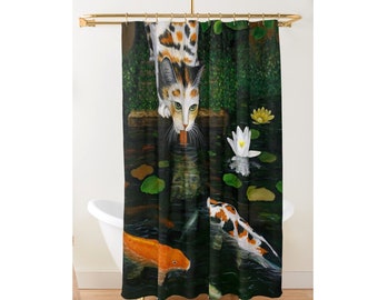 Calico cat and koi fish designer fashion shower curtain. Cat Decor, Cat bathroom decor. Colorful Shower Curtain. Koi fish Decor.