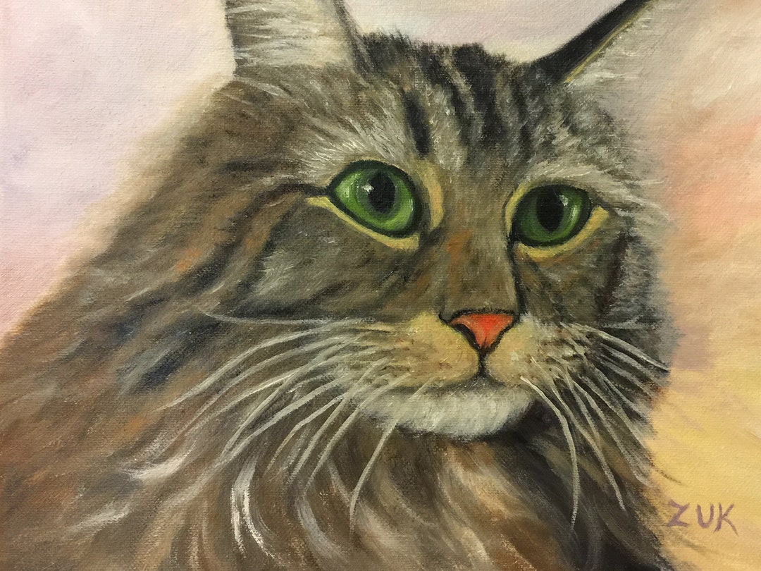 メインクーン猫の油絵、ふわふわの猫の肖像画アート、8x10 - Etsy 日本