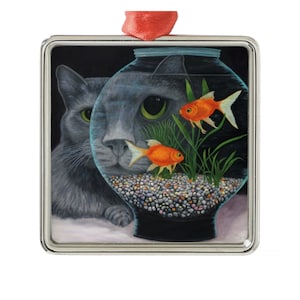 Gray longhaired Cat Holiday Tree Ornament. Unique and whimsical cat lovers gift. Russian Blue Cat and Fishbowl.