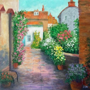 May include: A painting depicting a narrow alleyway with brick buildings and abundant greenery. The alleyway is paved with stone and lined with colourful flowers. The buildings are painted in shades of yellow, brown, and grey. The painting is a beautiful depiction of a quiet, peaceful place.