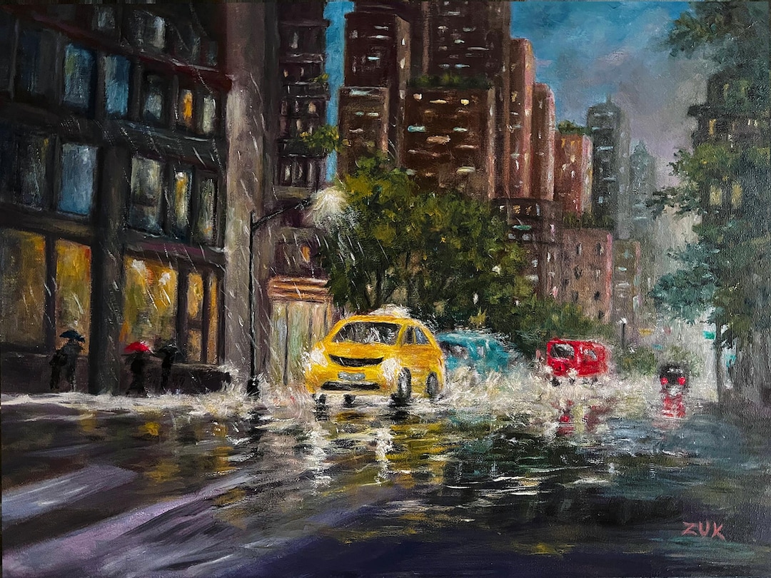 ニューヨークの雨の夜 油絵：色彩豊かな都市景観アート - Etsy 日本