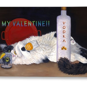 Biglietti di San Valentino per amanti dei gatti dal dipinto a olio originale "Catatonic". Gatto tuxedo a pelo lungo e bottiglia di Vodka. Accenti di vassoio rosso.