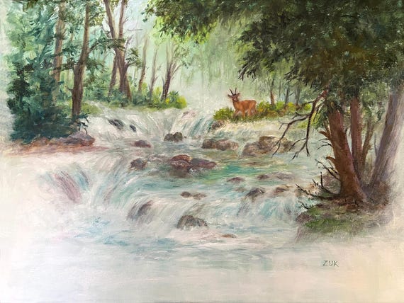 滝と鹿の油絵：森の中の鹿の風景（12x16インチ キャンバス） - Etsy 日本