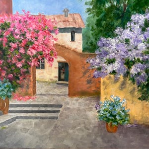 May include: A painting depicting a courtyard with a brick archway, a stone path, and a building with a red roof. Pink and purple flowers are in bloom on either side of the archway.