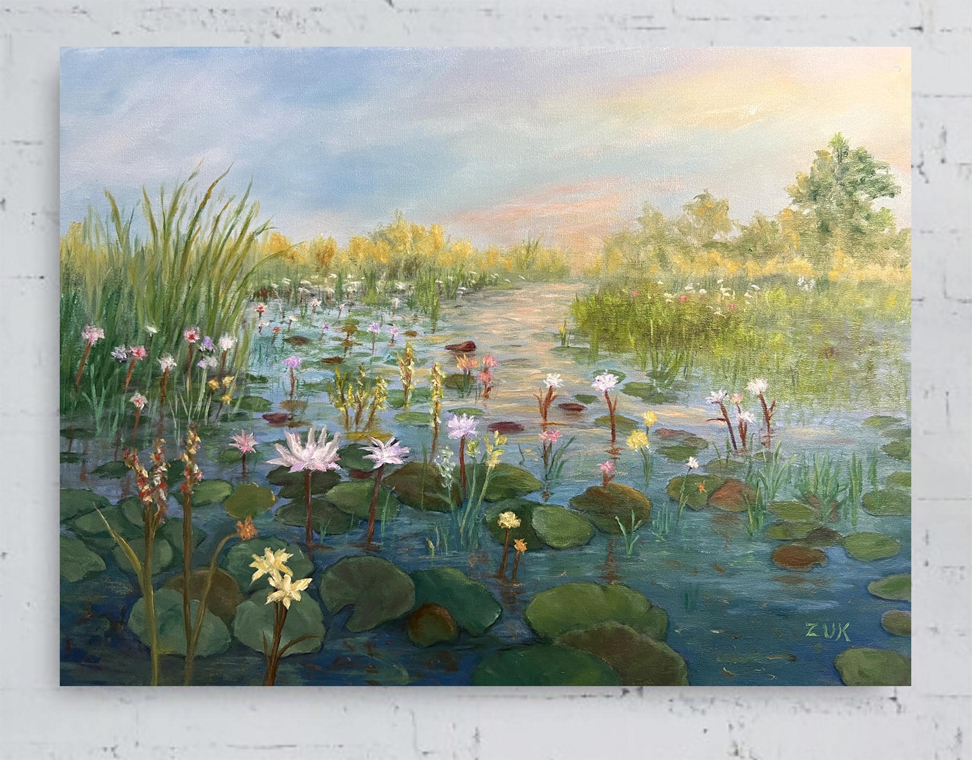 夕焼けの睡蓮 油絵：カラフルな水の反射アート、12x16インチ