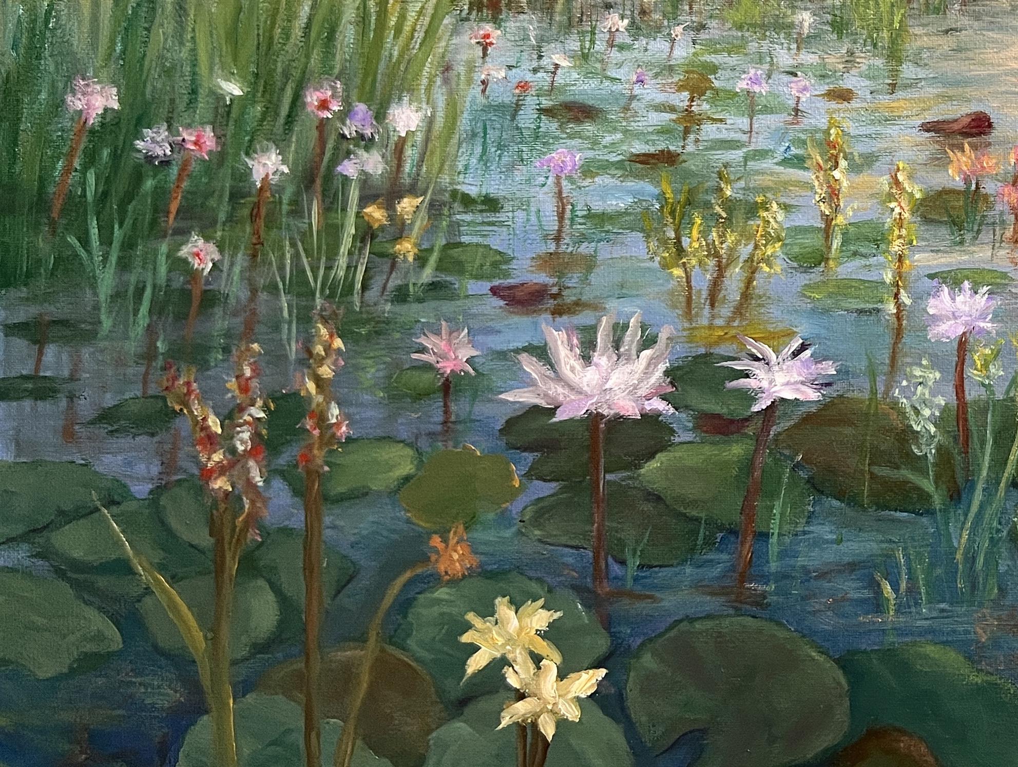 夕焼けの睡蓮 油絵：カラフルな水の反射アート、12x16インチ