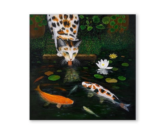 三毛猫と鯉の油絵：睡蓮の池のアート - Etsy 日本