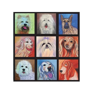 Puede incluir: Un collage de nueve pinturas de diferentes razas de perros. Cada pintura está enmarcada en negro y presenta un retrato de cerca de un perro. Los perros son de diferentes razas y colores, y todos miran al espectador.