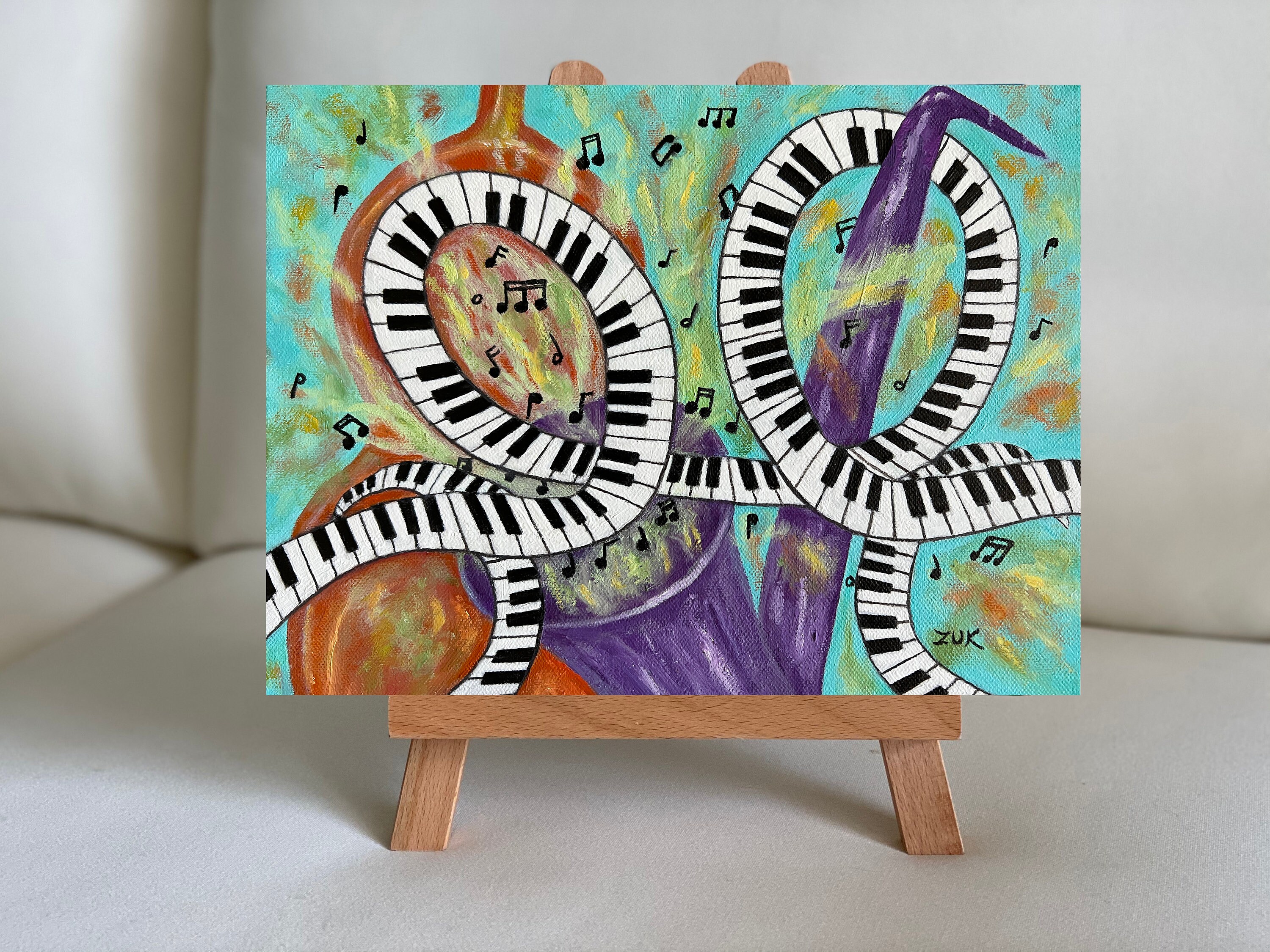 ジャズトリオの油絵：カラフルなサックスとキーボードアート - Etsy 日本