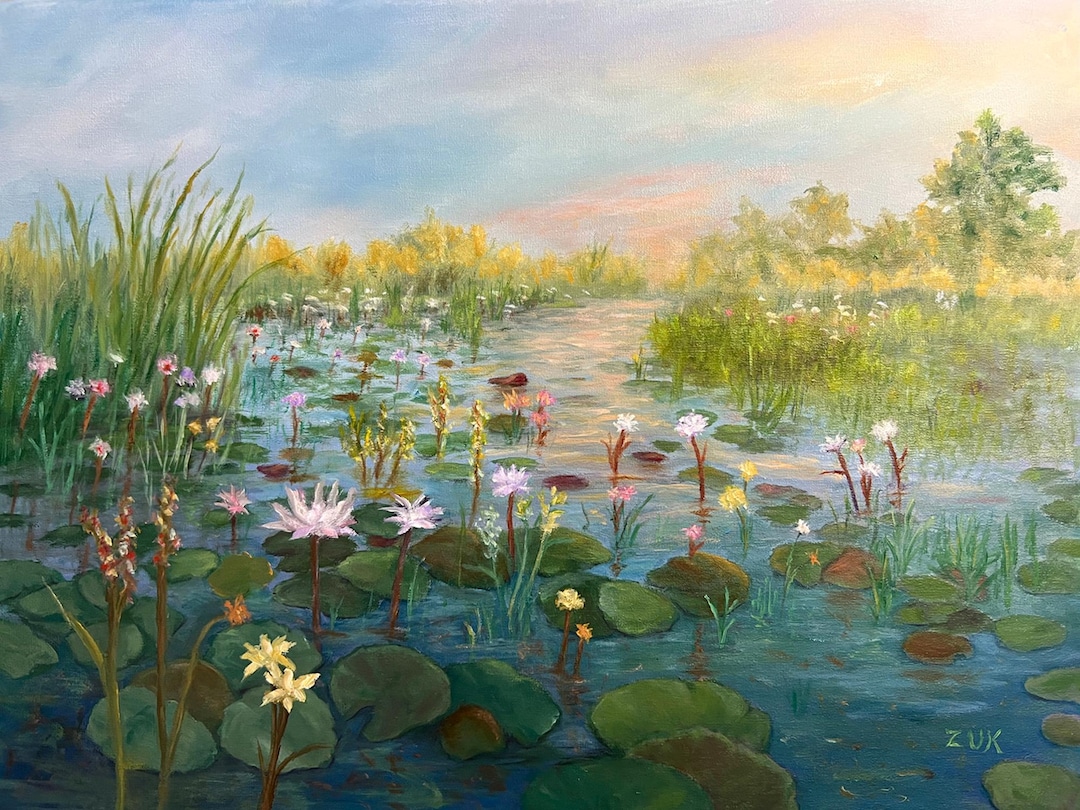 水蓮の油絵です 夕焼けの睡蓮 油絵：カラフルな水の反射アート、12x16インチ