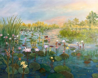 睡蓮の池の絵画：キャンバスに描かれた静かな反射（30 x 40 cm 