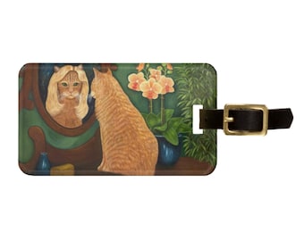 Orange tabby cat looking into mirror Luggage Tag. Unique cat lovers gift featuring colorful orange tabby cat.