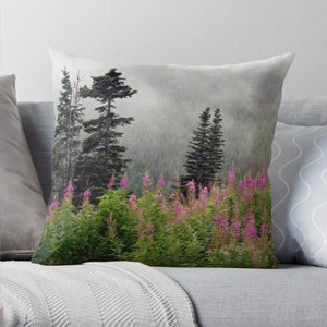 Alaska Pines and Wildflowers Throw Pillow. Tongass National Forest Pillow, Alaska Wilderness Cushion, Skagway, Alaska Scenic Mountain View