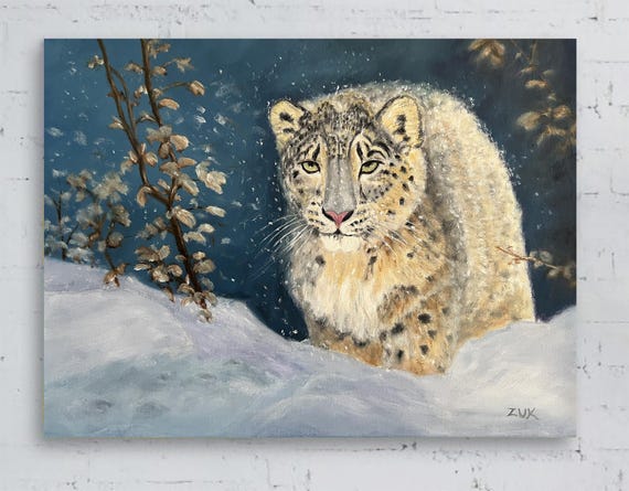 ユキヒョウのオリジナル油絵。雪の森の大きな猫。 - Etsy 日本