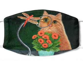 Orange Tabby Cat & Dragonfly Art Face Mask