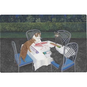 May include: A whimsical illustration depicts four cats gathered around a table, engaged in a game. The cats, in shades of orange, white, and gray, are seated on blue chairs. The table is covered with a white tablecloth, and the background features lush greenery.