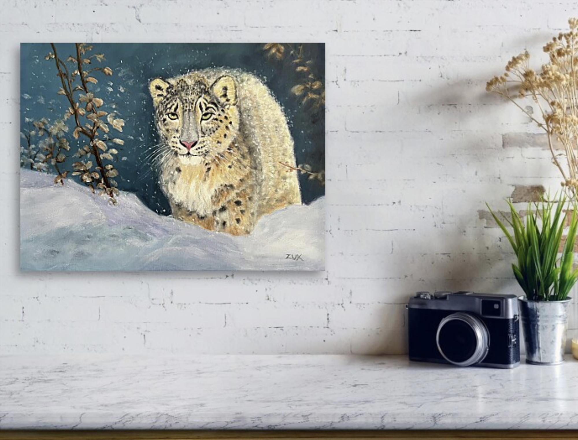 ユキヒョウのオリジナル油絵。雪の森の大きな猫。 - Etsy 日本