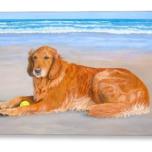 Tarjetas de felicitación de diseño con un golden retriever en la playa. Interior en blanco y personalizable. Regalo exclusivo para amantes de los perros.