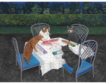 Cats Playing Mahjong jigsaw puzzle. Cat Puzzle featuring whimsical cats in a colorful garden setting. Mahjong Puzzle.