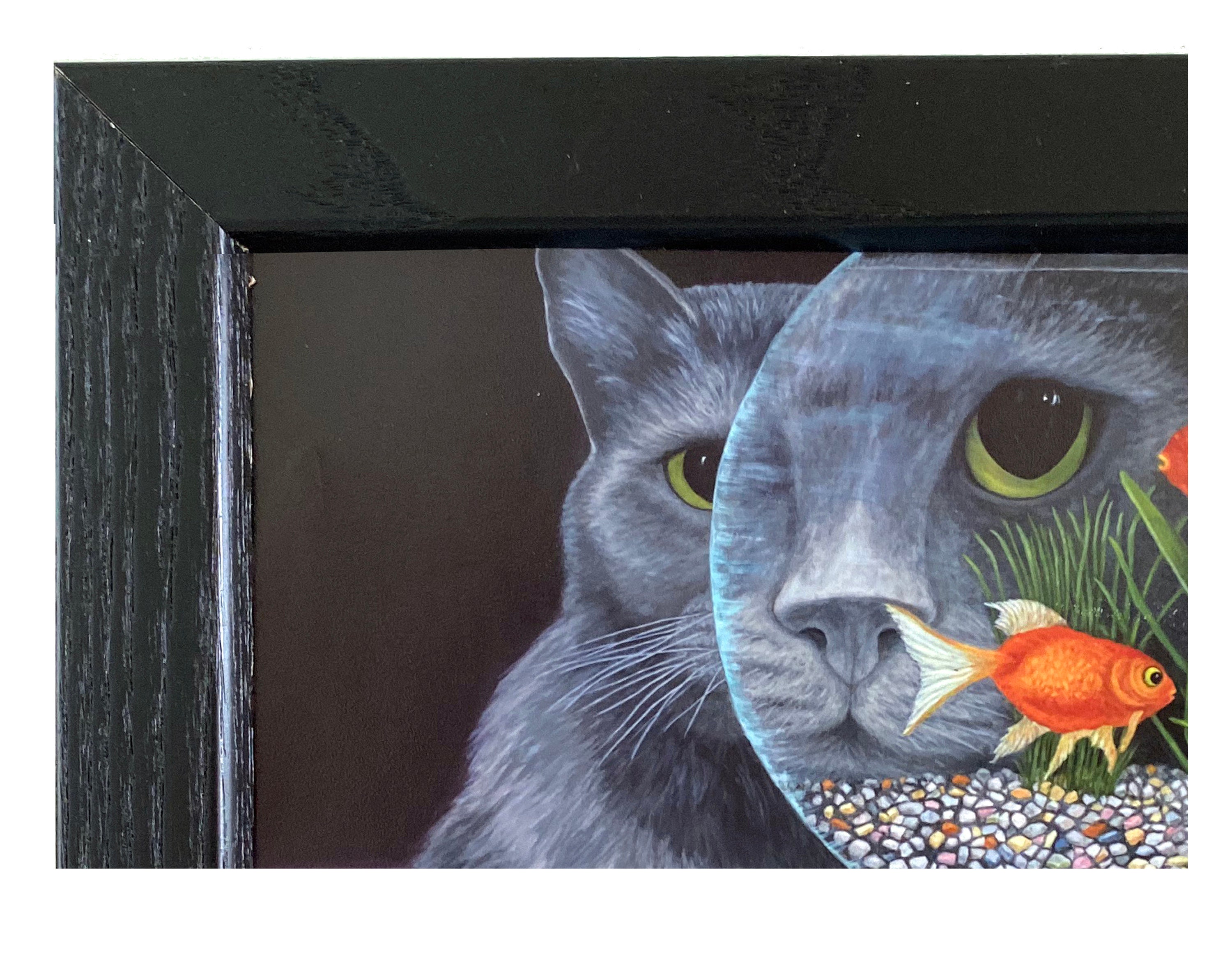 グレーキャットの金魚鉢アート：サイン入り額入りプリント、猫好きへの